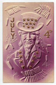 4th of July Greetings Uncle Sam Embossed Airbrushed Vintage Postcard AA68495