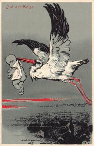 Birth Announcement Storks Caring Baby Auf der Reise embossed postcard C318