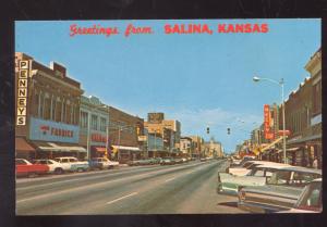 GREETINGS FROM SALINA KANSAS DOWNTOWN STREET SCENE OLD CARS POSTCARD