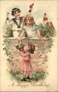 Birthday Little Girl Brings Basket to Boy and Girl c1910 Vintage Postcard