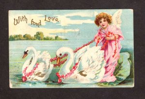 With Fond Love Greetings Postcard Angel riding swans Wings Birds Art 1907