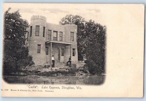 c1905 Castle Lake Kegousa Two Man Pose Beside Lake Stoughton Wisconsin Postcard