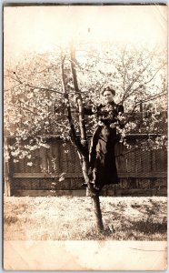 Postcard RPPC 1910s Photo of Pretty Lady Climbing Fruit? Tree