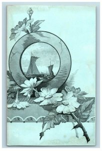 1870s Engraved Victorian Card Lovely Sailboats Sea Flower Blossoms P215