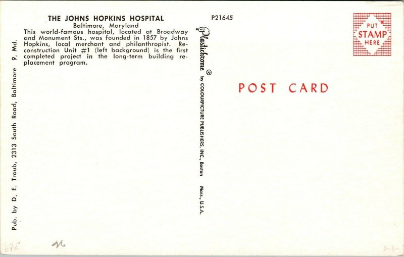 Vtg Baltimore Maryland MD The Johns Hopkins Hospital Chrome Postcard