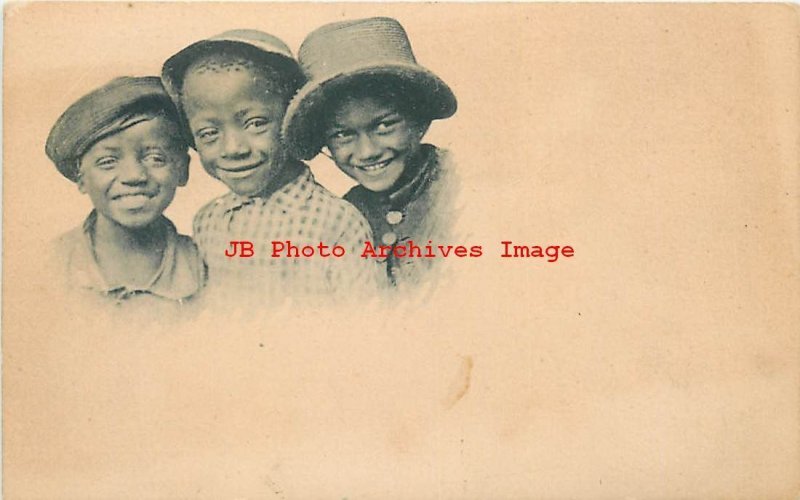 Black Americana, Albertype, Souvenir Card, Three Boys Wearing Hats & Smiling