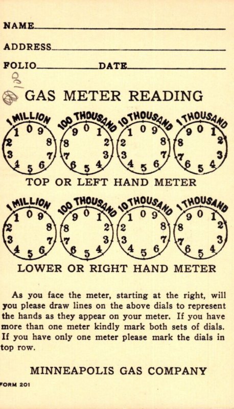 Minnesota Minneapolis Gas Company Gas Meter Reading Card