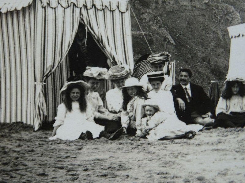 HORNSEA BEACH SCENE Children Families & Bathing Tents c1905 RP Postcard Overton