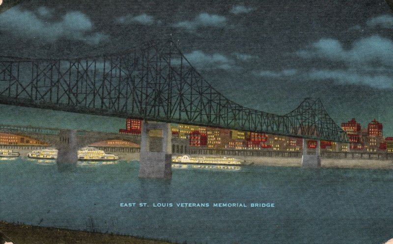 Vintage Postcard East St. Louis Veterans Memorial Bridge Spanning Mississippi