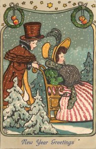 Embossed Postcard New Year Greetings Man Pushes Woman in Chair Sleigh in Snow