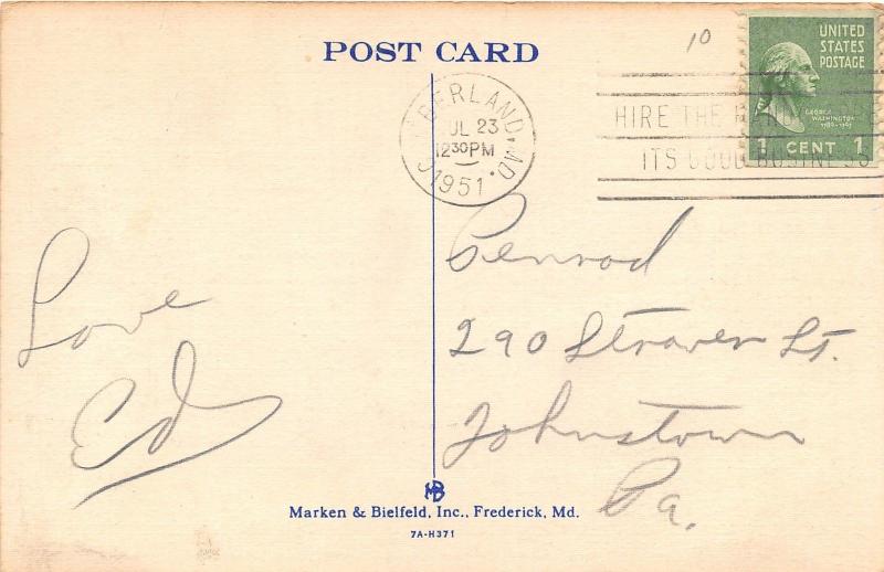 Cumberland Maryland~US Post Office Building~Postcard Mailed 1951