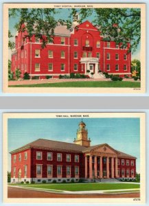 2 Postcards WAREHAM, Massachusetts TOBEY HOSPITAL & Town Hall c1940s Linen