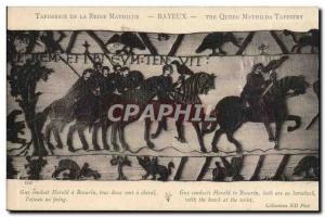 Bayeux - Tapestry of Queen Mathilde Guy leads Harold Beaurin both are riding ...