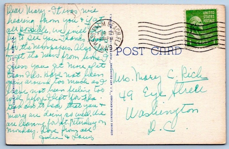 1949 MIAMI BEACH FLORIDA*WOFFORD HOTEL*VACATIONERS ON OCEAN FRONT*LINEN POSTCARD