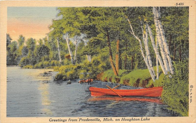 Prudenville MichiganRow Boat on Houghton Lake Shoreline1938 Postcard