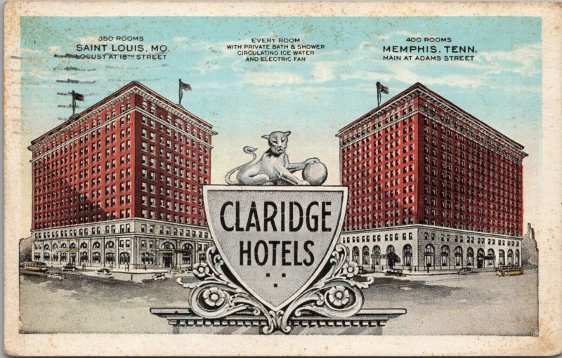 Claridge Hotels Saint Louis MO and Memphis TN Postcard PC444