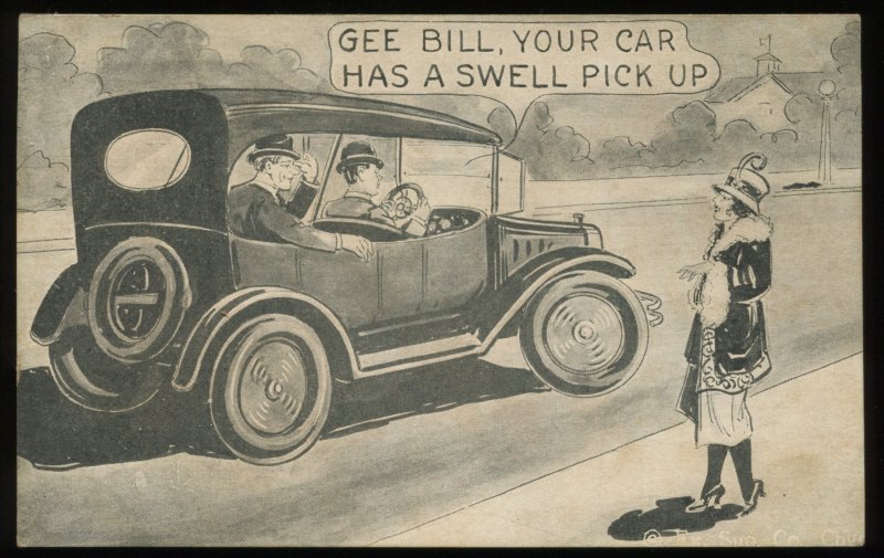 Gee Bill, Your Car Has a Swell Pick Up. 1920's arcade card, old car and flapper