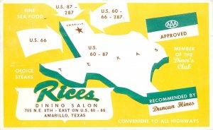 Postcard 1940s Amarillo Texas Map attractions Rice's Restaurant TX24-3220