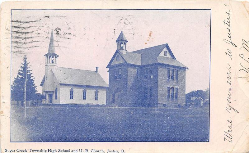 D28/ Justus Ohio Postcard 1906 Sugar Creek Twp High School U.B. Church