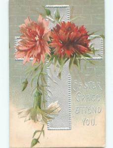 Pre-Linen easter religious SILVER JESUS CROSS WITH CARNATION FLOWERS J2197