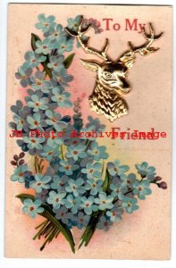 Novelty Postcard, Attached Deer, To My Deer Friend Greeting, Forget Me Nots