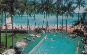 HONOLULU, Hawaii,1950-1960s; Walkiki Beach at the Outrigger Hotel