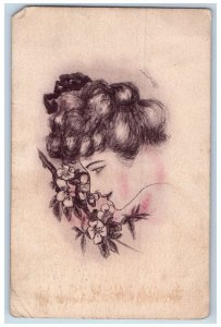 Cobb Shinn Artist Signed Postcard Pretty Woman Hand Drawn With Flowers 1910