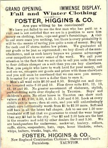 1880s FOSTER HIGGINGS & CO TAUNTON MASS WINTER CLOTHING AD TRADE CARD 40-189