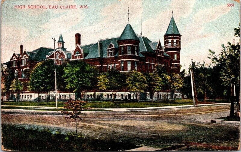 Eau Claire Wisconsin High School Street View Cancel 1910 Antique PM Postcard 