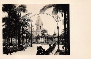 RPPC PLAZA DE ARMAS & OLD CATHEDRAL LIMA PERU REAL PHOTO POSTCARD (c. 1920s)