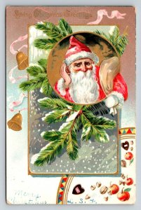 Antique Christmas Postcard 1906 Santa Claus Pine Bough Embossed Germany