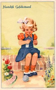 Cute Girl Knitting Vintage Postcard 09.88