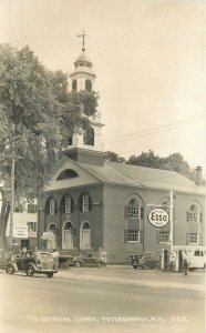 Postcard RPPC New Hampshire Peterborough Unitarian Church Gas Pumps 23-8840