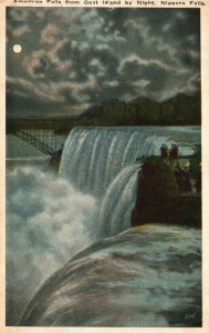 Vintage Postcard 1920s American Falls from Goat Island by Night Niagara Falls NY