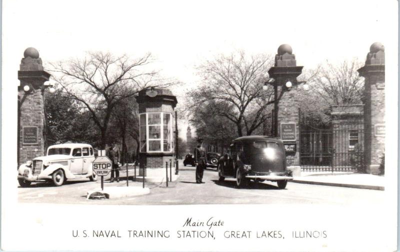 RPPC GREAT LAKES, IL MAIN GATE US NAVAL Training Station 1944 Cars Postcard United States