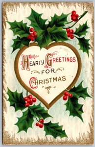 Vtg Hearty Greetings For Christmas Holly Gold Gilt Heart 1910s Embossed Postcard