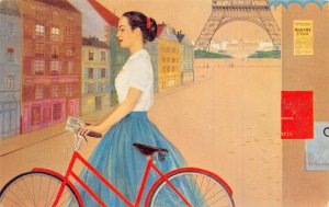 WOMAN-BICYCLE-EIFFEL TOWER~ZAMPARELLI INTERPRETATION PARIS-TWA JETSTREAM POSTCRD