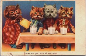 Kittens Drinking Milk Anthropomorphic Cat Vintage Postcard C121