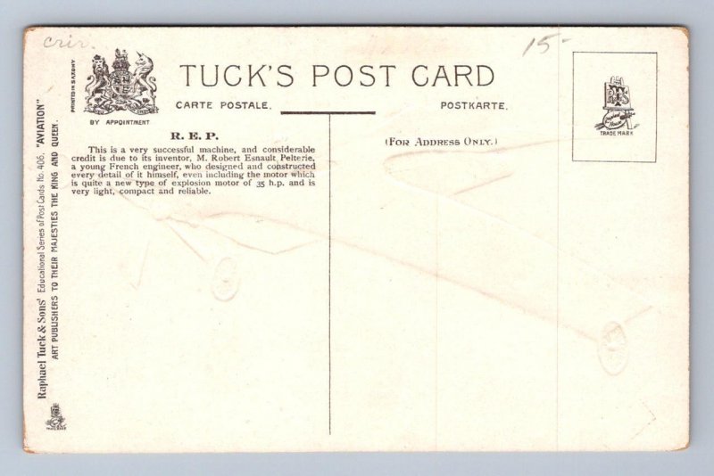 AVIATION PLANE R.E.P. MONOPLANE EMBOSSED TUCK POSTCARD (c. 1911)