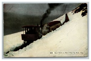 Vintage 1912 Postcard Snow Drifts Pike's Peak Railroad Cars Cog Road Colorado