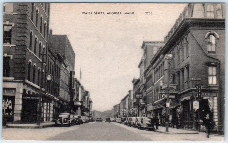 AUGUSTA, Maine  ME     WATER STREET Scene   Business District  ca 1930s Postcard