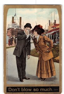 Romance Gold Enhanced Postcard 1907-1915 Man and Woman Sneezing Don't Blow Much
