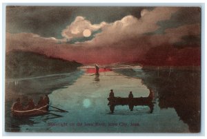 Boat Canoeing Scene Moonlight On The Iowa River Iowa City IA Antique Postcard