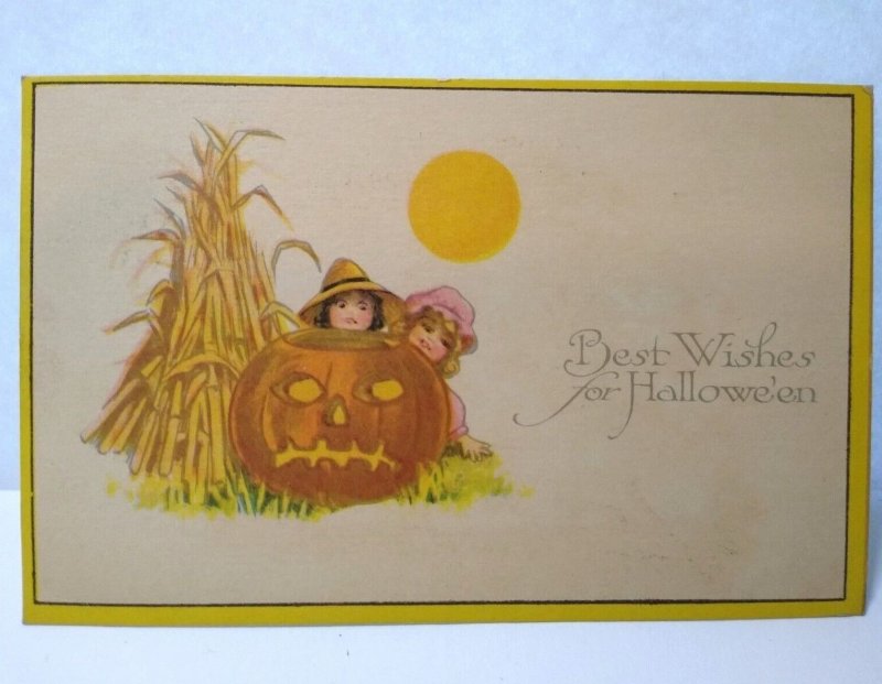 Halloween Postcard Children JOL Pumpkin Sun Corn Field Pink Of Perfection 606