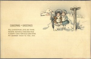 Christmas - Little Girls at Crossroads in Snow c1910 Series 1744 Postcard