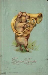 BONNE ANNEE French Comic Fantasy Pig Playing Tuba c1910 P...