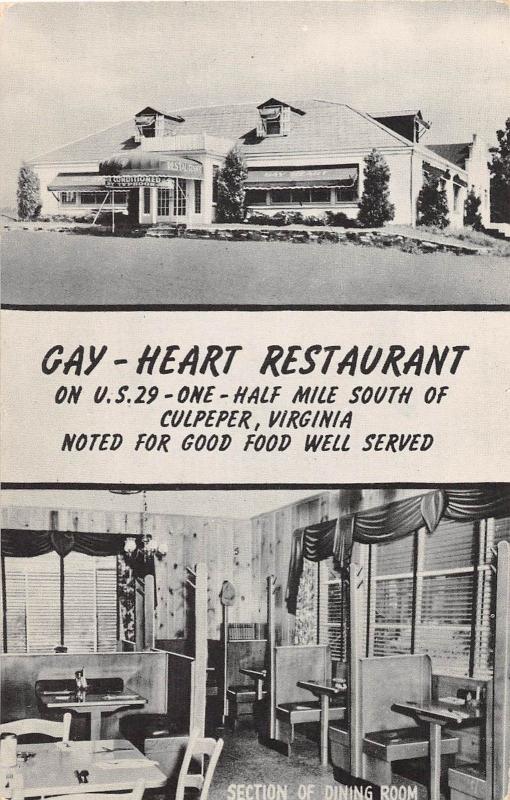 A85/ Culpeper Virginia Va Postcard c1940s Gay-Heart Restaurant 2View Interior