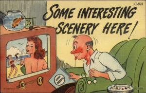 Pervert Guy Watching TV Drooling at Bathing Beauty Curt Teich Linen Postcard