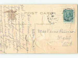 Pre-Linen art nouveau valentine EMBOSSED BLACKSMITH CUPID & HEART ON ANVIL k9811