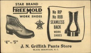 Black Mountain NC JN Griffith Pants Store Shoes Advertising Postal Card